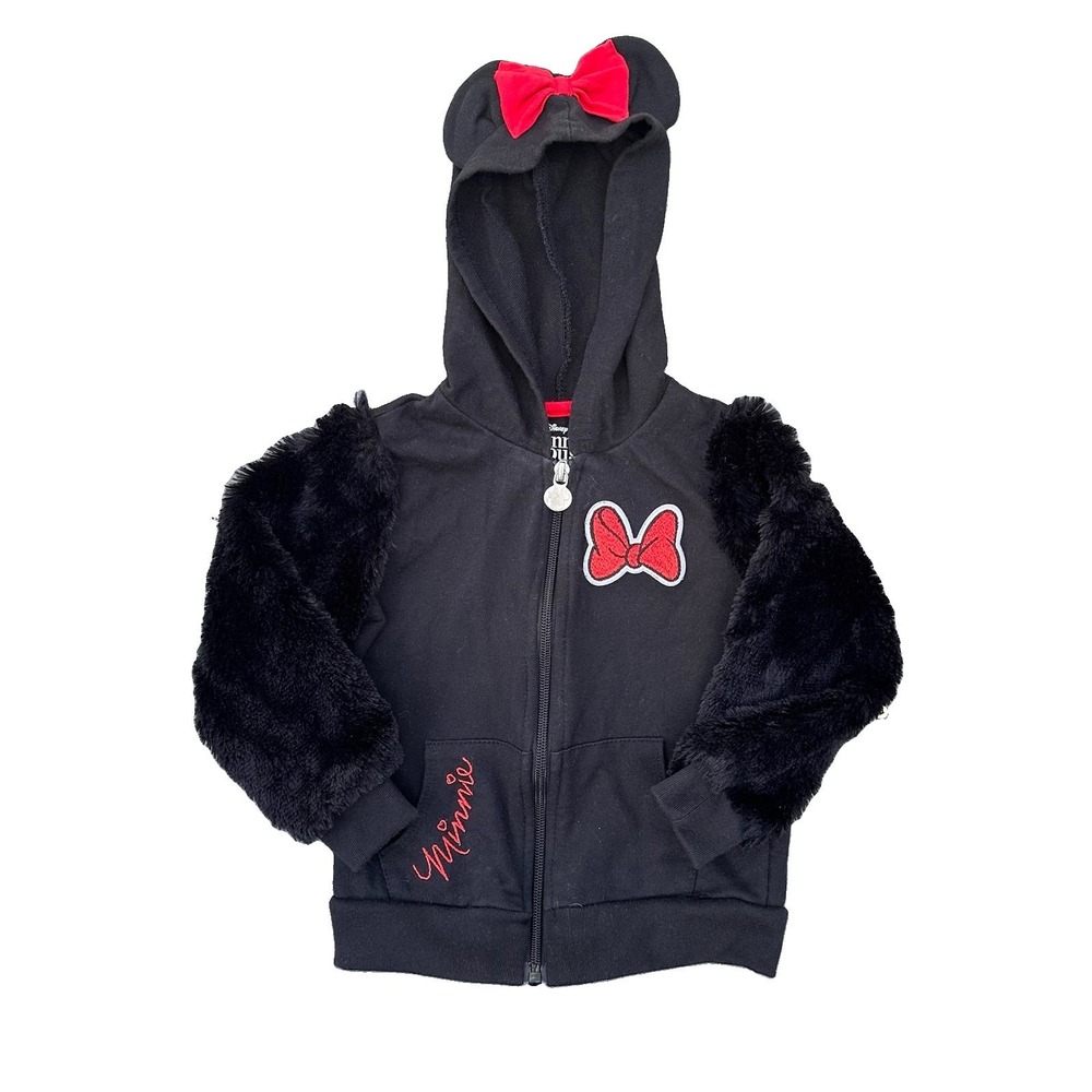 Disney Minnie Mouse Girls Black Faux Fur Sleeve Zip Hoodie 3D Ears Red Bow 3T